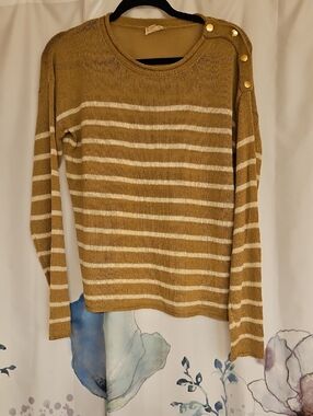 Gold-Striped Crewneck Sweater with Shoulder Buttons